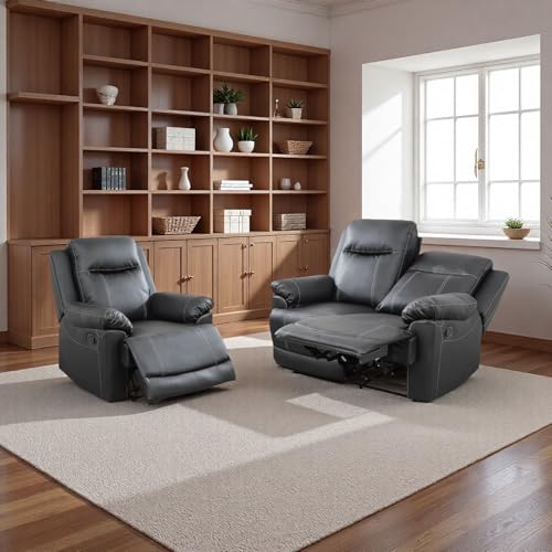 Image of Leather Recliner Sofa Set, Living Room Furniture Set, Adjustable Backrest Reclining Loveseat Sofa with Storage Console & Cup Holders, Manual Recliner Chair for House, Home Theater, Black