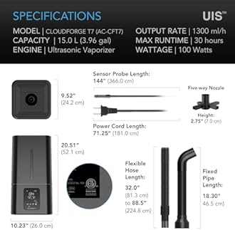 AC Infinity CLOUDFORGE T7, Plant Humidifier 15L with VPD Humidity Controls, 10-Level Precision Vaporizer, Extendable Hose, Targeting Pipe, and No-Leak Seal for Grow Tents