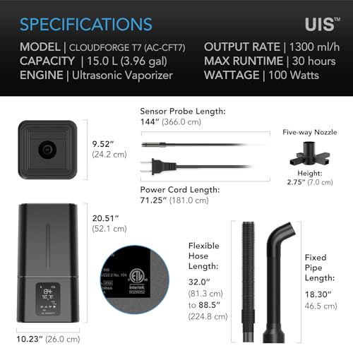 AC Infinity CLOUDFORGE T7, Plant Humidifier 15L with VPD Humidity Controls, 10-Level Precision Vaporizer, Extendable Hose, Targeting Pipe, and No-Leak Seal for Grow Tents