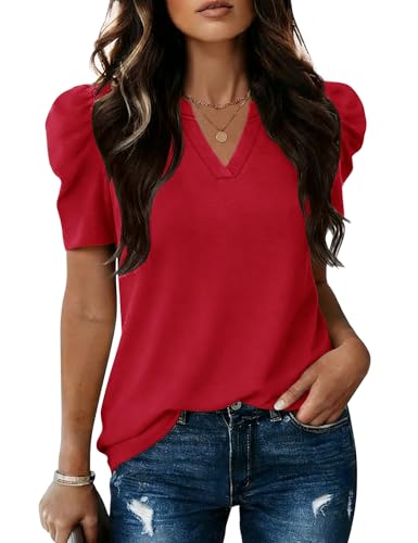 Image of LOMON Spring Summer Tops for Women 2026 V Neck Puff Short Sleeve Tops Fashion Trendy Work Blouses Dressy Casual S-XXL