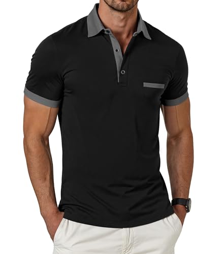 GLESTORE Poloshirt Herren Kurzarm Polo T Shirts für Männer Basic Klassisches Golf Polohemden Schwarz XL