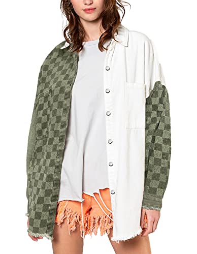 Women's Casual Plaid Splicing Denim Jacket Tassel Rip Loose Button Long Sleeve Coat