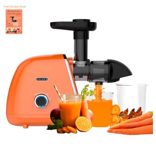 SOLARA Slow Juicer Cold Press Juicer, Easy Clean Slow Juicer Cold Pressed Juice Extractor, Slow Juicer for Fruits & Vegetables, 2 Speeds + Reverse Function Masticating Juicer, Recipes Incl, Orange