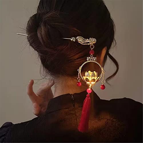 Chinese Hair Accessories Hair Stick Lantern Light Tassel Hairpins Coiled Hair Vintage Hair Bun Hair Pin for Women Red 1pc