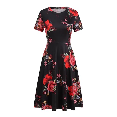 Image of Women's 2026 Fit and Flare Dress Summer Casual Elegant Vintage Floral Printed Work Party A-line Dress with Pockets 162