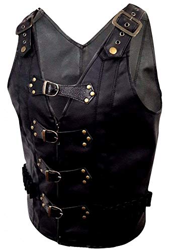 AREENO Mens Black Real Leather, PU Faux Leather Heavy Duty Steampunk Gothic Style Vest Waistcoat3
