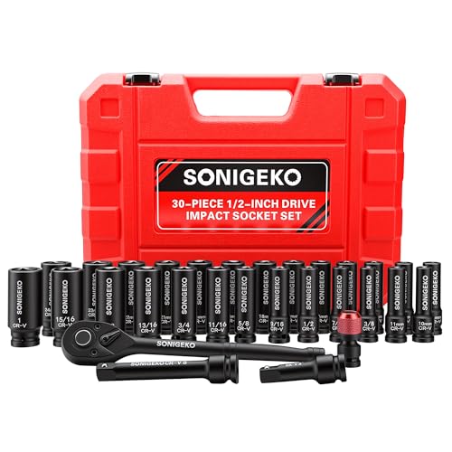 Image of 30-Piece 1 /2 inch Drive Impact Socket Set, 6-Point Deep SAE & Metric CR-V Steel Sockets with 3 inch, 5 inch Extension Bars, Ratchet Wrench & Bit Adapter