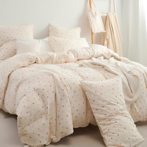 Sedefen Doppelte Musselin Bettwäsche 220x240 cm Baumwolle Leinen Weiß Rosa Herzen Bettwäsche Set 1 Bettbezug mit Reißverschluss und 2 Kissenbezug 80x80cm 85% Baumwolle und 15% Leinen Bettwäsche