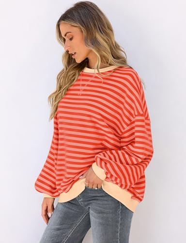 Image of UEU Women Oversized Striped Crewneck Sweatshirt Long Sleeve Color Block Pullover Tops Casual Loose Workout Shirt