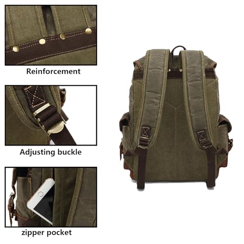 Vintage Canvas & Leather Backpack: Spacious Durable Rucksack for Men & Women, Travel, Hiking (Black with Yellowish Brown Leather)4