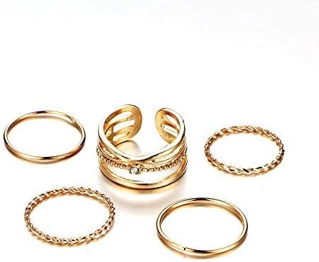 Friendship 1mm Plain Twisted Band Ring Bohemian Crystal Adjustable Open Size Knuckle Stacking Midi Ring Sets 5pcs Comfort Fit Gold Tone for Women Girls