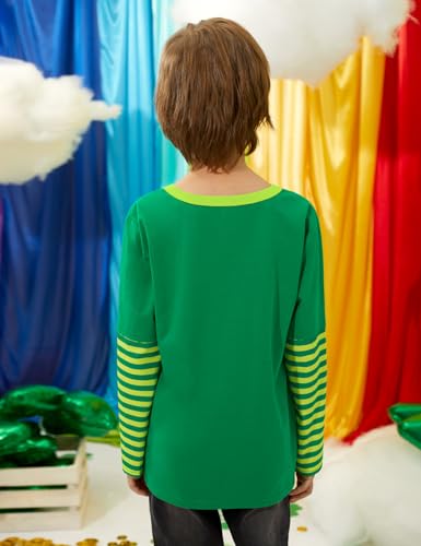 Image of Unisex Kid's St Patrick's Day Shamrock Top Striped Patchwork Irish Clover Long Sleeve Shirt 4-14 Years