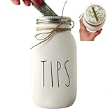 Tips Jar - White Painted and Distressed Mason Jar, Tip Jar for Money Restaurant, 32 oz. Regular Mouth Mason Jar with Coin Slot, Quart Size, Painted Mason Jar, Bartender, Salon Tip Jar with Lid, Glass