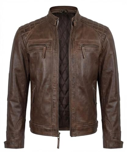 Image of Mens Vintage Retro Biker Cafe Racer Jackets - Diamond Quilted Style Genuine Leather Motorcycle Jacket