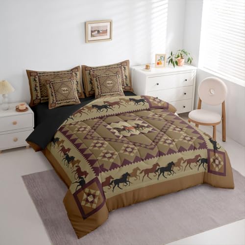 Image of Erosebridal Western Full Size Bed Sheets and Comforter Set | Vintage Tribal Horse 7-Piece Bedding Set Cowboys Gifts Geometric Aztec Bed in a Bag, Brown Diamond Checkered Buffalo Plaid Bed Sets
