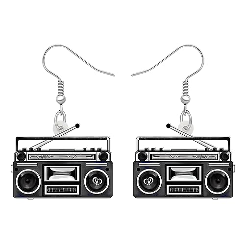DALANE Acrylic Fun Vintage Boucles D'oreilles Cassette Tape Radio Bijoux Rétro pour Femmes Filles 80s 90s Cadeaux Nostalgiques Fête Favors (Radio Noire)
