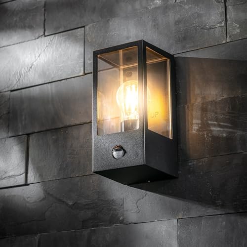 CGC Lighting Outdoor Outside Wall Light Contemporary Box Lantern Garden Porch Post Driveway Patio Lamp Weatherproof (Black Aluminium PIR)