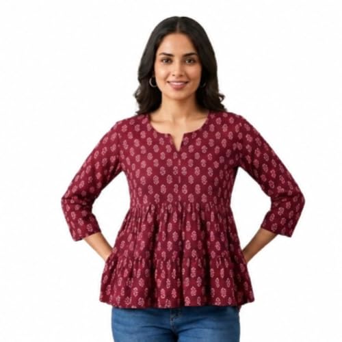 Image of Women's Printed V-Neck Short Kurti | Casual Long Sleeve Tunic Top
