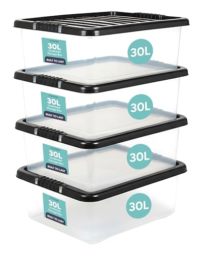 TANNESS - 4 Pack 30L Underbed Storage Boxes with Lids | Clear Plastic Storage Containers with Black Lids | Stackable Storage Boxes for Home, Office, and Kitchen Organization