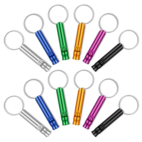 SULIKJHUI Emergency Keychain, 12 Pcs Aluminum Bear Whistle with Key Ring, Loud Survival Safety Whistle for Outdoor Camping, Hiking, Hunting (6 Colors)