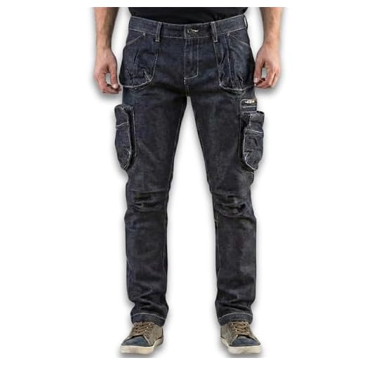 NEO TOOLS Herren Arbeitshose Denim, lang, 8 Pockets, Gr. XS-XXXL, verstärkte Nähte, ausprofilierter Kniebereich, Mischgewebe 98% Baumwolle, 2% Elasthan 410 g/m2, Multifunktionstaschen, Cargo-Optik
