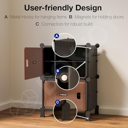 Image of BOXJOY 4 Shelf Black Shoe Rack with 2 Brown Doors, Magnets and 5 Hook Steel Holder for Home Storage Box Organizer, Hard PET Plastic with Metal Door Frame, Shoe Chappal Slipper Sandals Stand