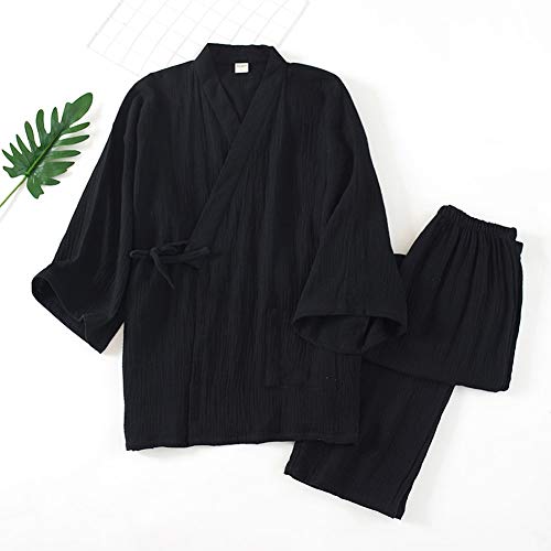 OWLONLINE Men\'s Japanese Kimono Loose Casual Home Pajamas Nightwear Size XL -Black - Thumbnail 2