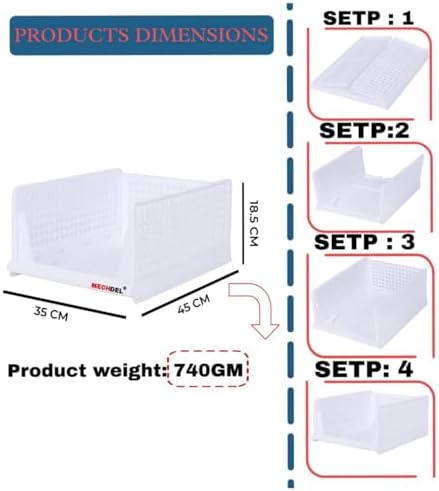 MECHDEL | Wardrobe Organizer For Clothes | Cupboard Organizer | Foldable Shirt Stacker Box | Cloth Box for Almirah | Closet Storage Basket |Plastic Stackable Closet Organizer (White, 1PCS)