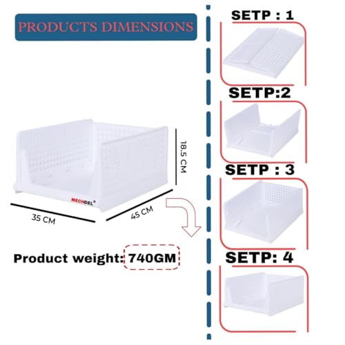 MECHDEL | Wardrobe Organizer For Clothes | Cupboard Organizer | Foldable Shirt Stacker Box | Cloth Box for Almirah | Closet Storage Basket |Plastic Stackable Closet Organizer (White, 1PCS)