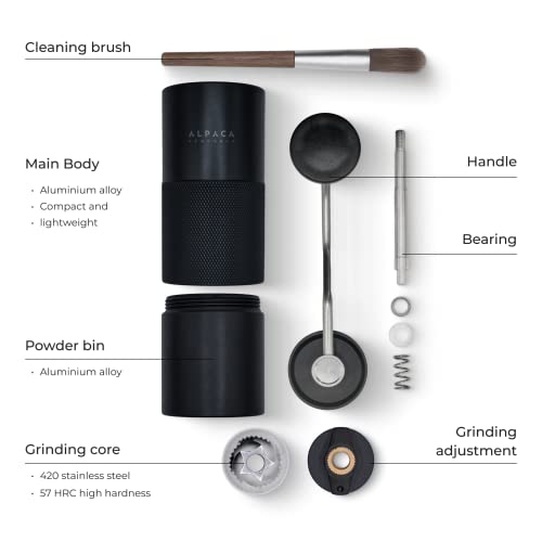 Alpaca Ventures Premium Manual Coffee Grinder (Black) - Adjustable Grind Settings French Turkish Press, Drip Espresso With Stainless Steel Conical Burrs, Double Bearing, Home, Camping Coffee Brew Gift #TOP2
