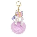 SELOVO Women Girls Initial Keyring Fluffy Ball Purple Butterfly P Letter Keychain