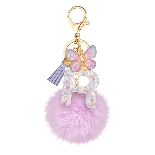 SELOVO Women Girls Initial Keyring Fluffy Ball Purple Butterfly P Letter Keychain