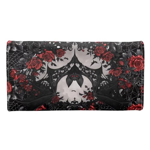 Black Bat Roses Print Women Slim Wallet Gothic Spider Web Trifold Long Credit Card Holder Clutch Handbag, Red Rose Flowers Leather Checkbook Wallet for Ladies3