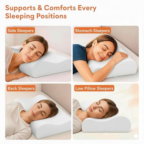 Image of Queen Size Memory Foam Cervical Neck Pillow with cover | Pain Relief Sleep, Improves Posture, Spinal Alignment, Neck Pain Relief | 19 x 12 x 4 Inch | Orthopedic Pillow | (Wave Neck Pillow)