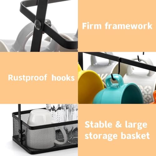 Image of Hiceeden Coffee Cup Holder with Storage Basket, Coffee Mug Tree Rack with Handle, Cup Stand Coffees Station Bar Organizer for Countertop, Holds 8 Cups (Black)