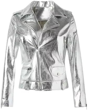 Women's Silver Metallic Faux Leather Fashion Moto Jacket/Metallic Faux Leather Biker Jacket for Women, Handmade Jacket Coat