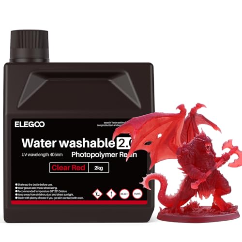 Image of ELEGOO Upgraded Water Washable Resin 2.0, Clear Red 2000G | 3D Printer Resin Low Viscosity and High Precision, 405nm Rapid UV-Curing Photopolymer Resin, 3D Resin for LCD /DLP 3D Printing