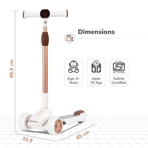 Image of Heega Foldable Kick Scooter for Kids with 4 Level Adjustable Height, PU LED Wheels, Lights and Music for 3+ Years Baby Boy & Girl of Up to 75kg Weight (Cream Gold)