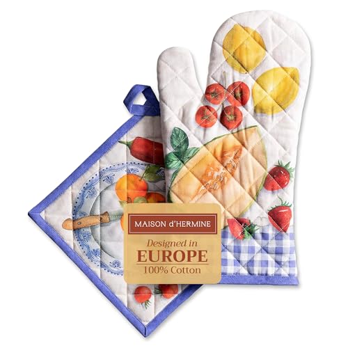 Maison d'Hermine - Juego de manoplas y manoplas para horno (100% algodón, 19 x 33 cm y 20 x 20...