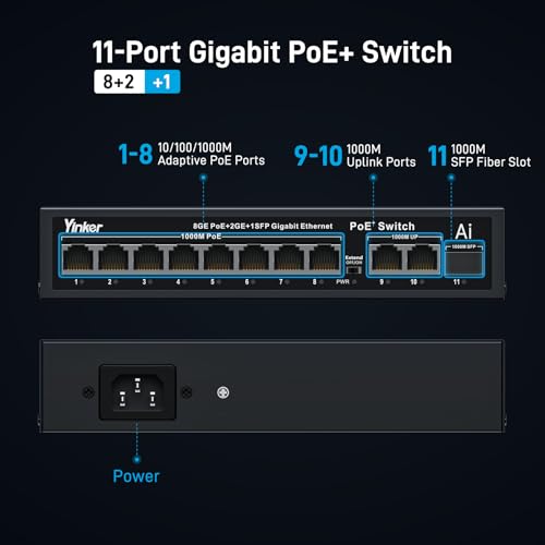 Image of 11-Port PoE Ethernet Switch, 8 POE+@120W + 2 Gigabit Uplink + 1 SFP Slot | (YK-S0821GAP)Unmanaged Plug & Play | PoE Auto Recovery | Sturdy Metal | Desktop /Wall Mount | for Security IP Cameras NVR
