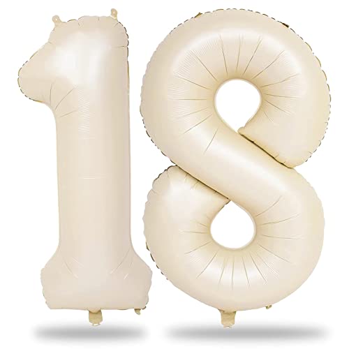 Grand ballon d'anniversaire beige en aluminium crème avec chiffres de 1 et 8 pour garçons et filles de 18 ans, sable blanc bohème pour 18e et 81e anniversaire de mariage, 101,6 cm