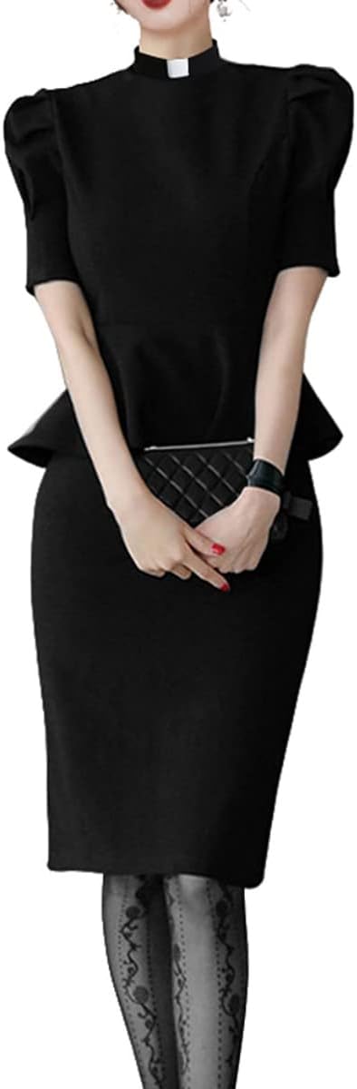 FAD-4UChurch Clergy Dresses for Women Minister Short Sleeve Ruffle Slim Pencil Dress with Tab Collar
