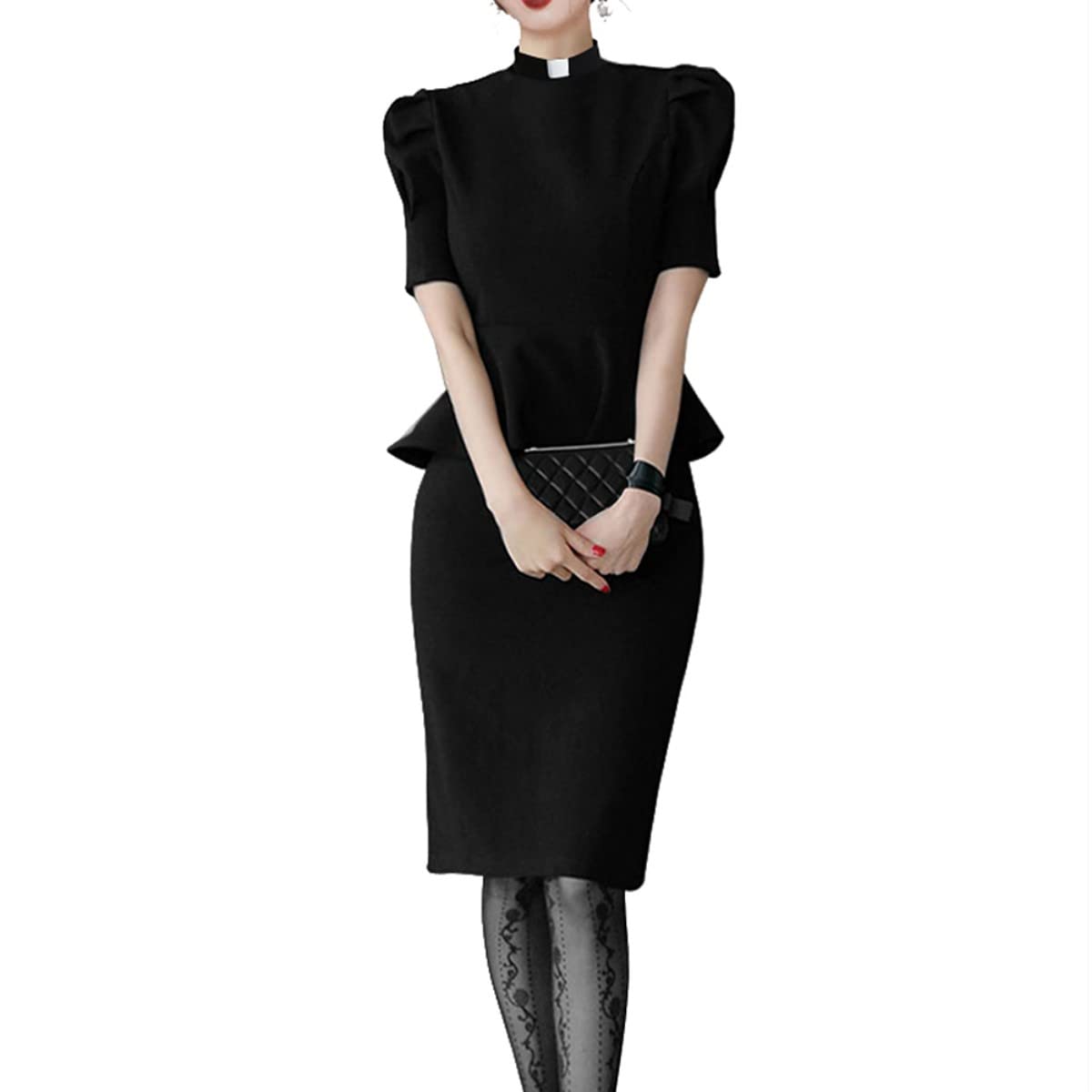 FAD-4UChurch Clergy Dresses for Women Minister Short Sleeve Ruffle Slim Pencil Dress with Tab Collar