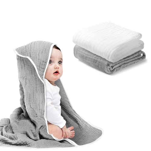 Image of Arnzion Baby Hooded Towels for Babies and Toddlers, Muslin Baby Bath Towel Soft and Absorbency (L Grey White 2)