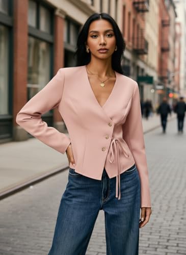 Image of Women's Cotton Tops | Casual Wrap V Neck Top | Long Sleeve Textured Side Tie Shirt | Elegant Slim Fit Crossover Tunic | Stylish Office Wear & Trendy Streetwear Apparel(38-K-1-4)