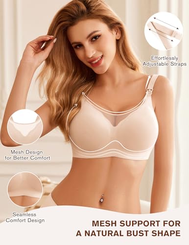 Image of Ekouaer Women Full Cover Nusing Bra Seamless Maternity Mush Haves Mesh Breastfeeding Smooth Bras Breathable Postpartum Bralette Beige M