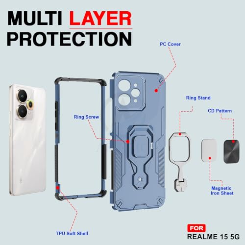 Image of AESTMO Armor Back Cover for Realme 15 5G / 15 Pro 5G | Ring Holder & Kickstand & Camera Protection in-Built | 360 Degree Protection Back Case Cover (Blue)