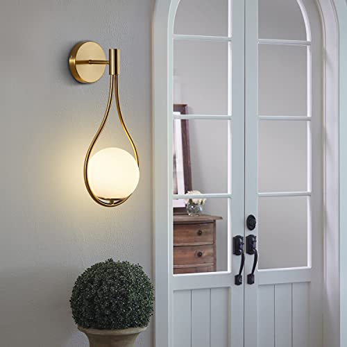 Image of KCO Lighting Modern Brushed Gold Teardrop Wall Sconces Set of 2 Hardwired | E26 Bulb Included, 5.9 inch White Milk Glass Wall Light Fixture Mid Century Wall Lamp for Bedroom Bedside Bathroom Hallway