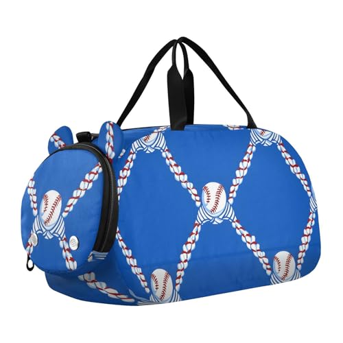 Gym Travel Duffle Bag for Boys Girls Blue Baseball Blue Pattern Sports Dance Bag with Shoe Compartment & Wet Pocket Football Kids Travel Bag Teens Sleepover Carry