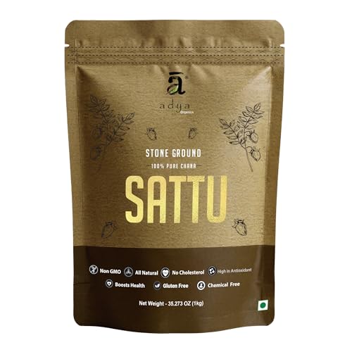Adya Organics Chana Sattu Powder 1kg | Stone-Ground & Iron-Roasted | Organic Sattu for Drinking | High Protein, Gluten-Free, Low GI | Traditional Bihar Sattu